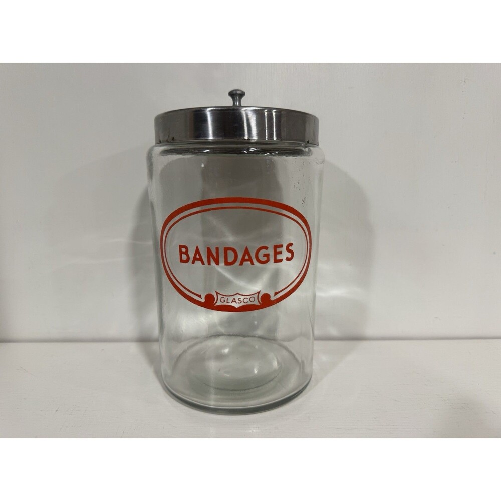 Vintage Glasco Medical Sundry Jar Bandages Apothecary Glass Canister Chrome Lid